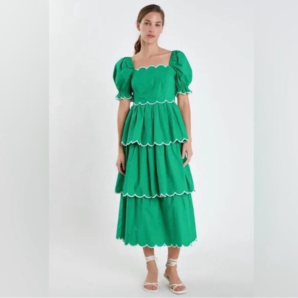 English Factory Emerald Green Tiered Maxi Dress with Puff Sleeves